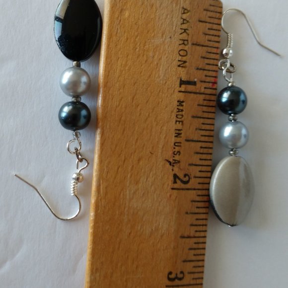 Handmade Black Beige Oblong Earrings with Grey Faux Pearls & Silver Tone Hooks - Picture 14 of 16